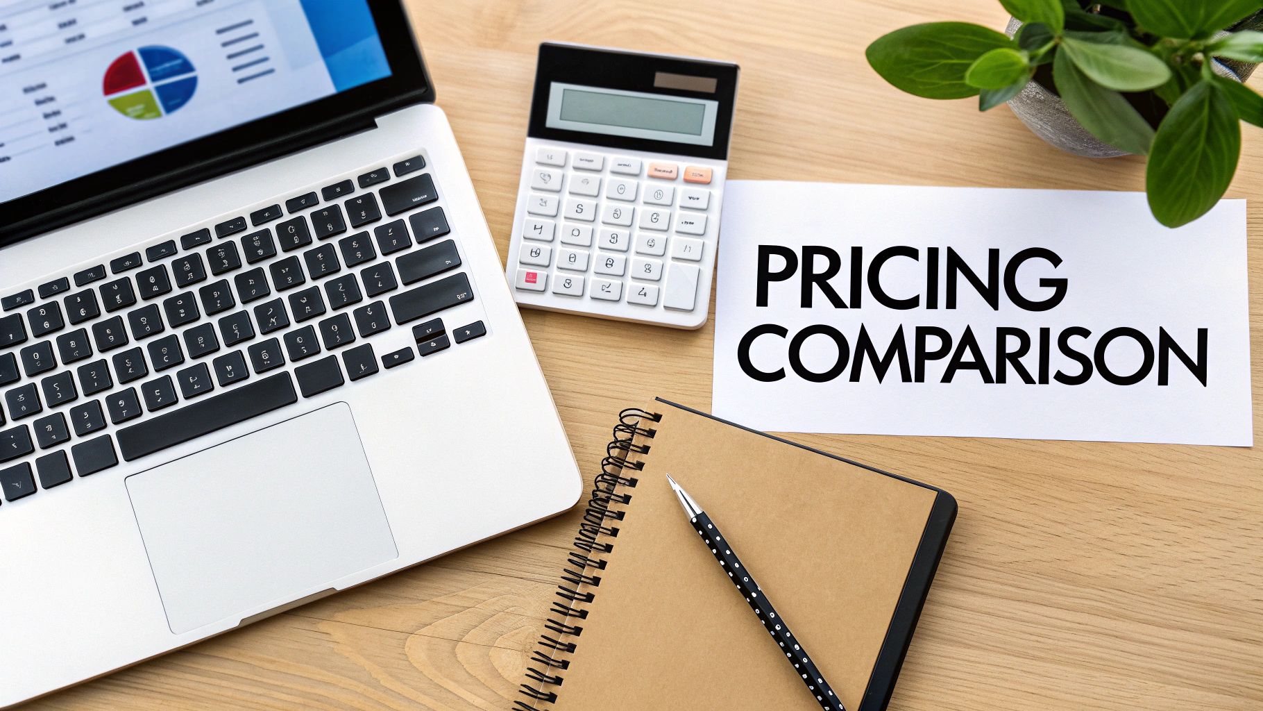 A workspace flat lay showing a laptop with charts, a calculator, a notebook, and a 'PRICING COMPARISON' document.
