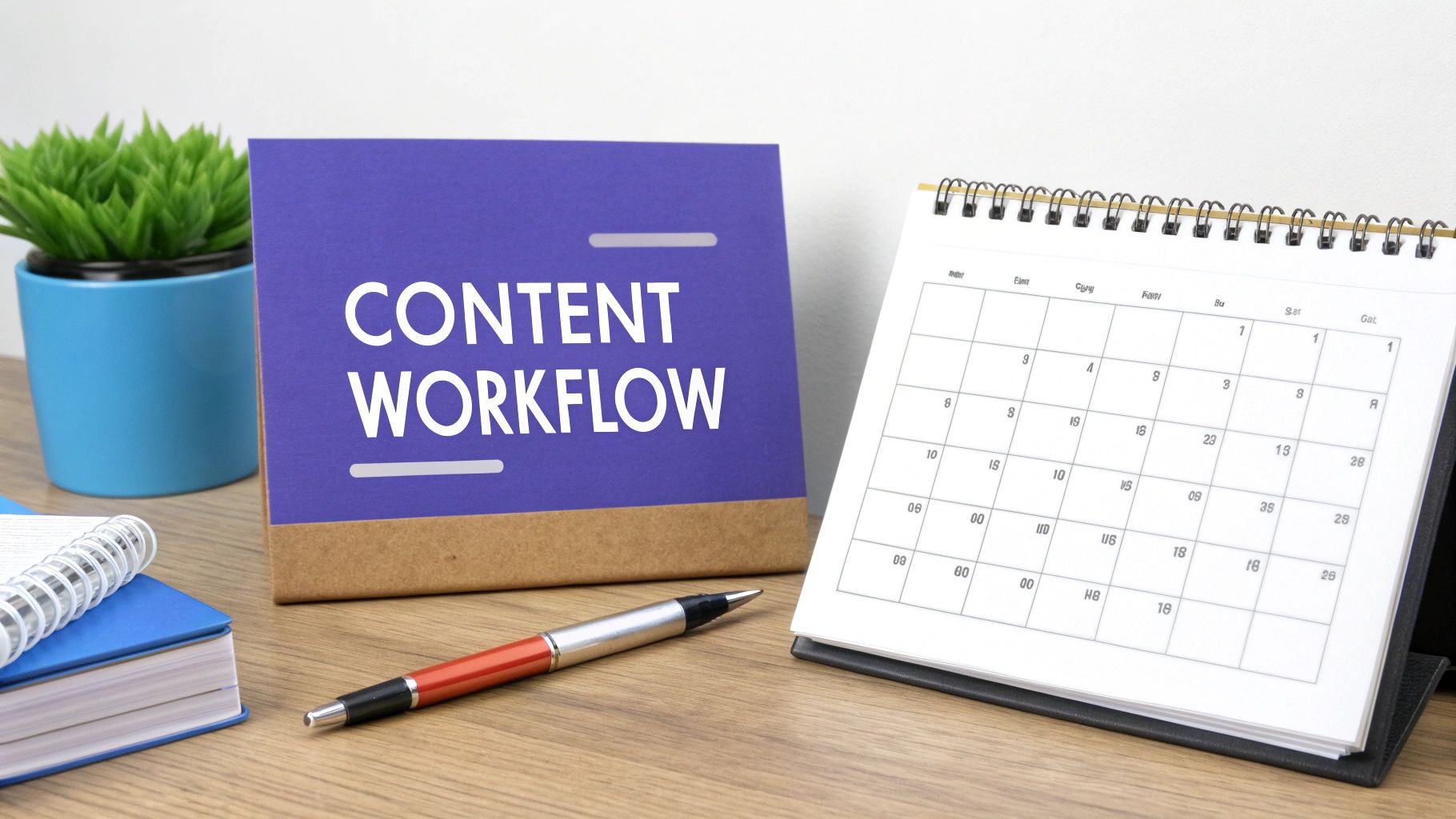 Desk setup with 'CONTENT WORKFLOW' sign and calendar, highlighting content planning and strategy.