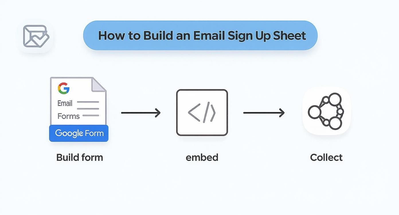 Visual guide showing how to build an email sign-up sheet using Google Forms, embed, and collect.