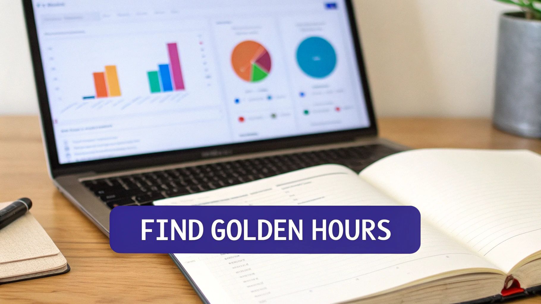 A laptop showing data charts, an open planner, and a pen with "FIND GOLDEN HOURS" text.