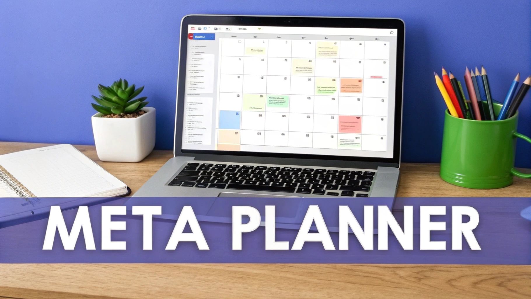 A laptop displaying a calendar app on a desk with a notebook, plant, and pencils, featuring 'META PLANNER' text.