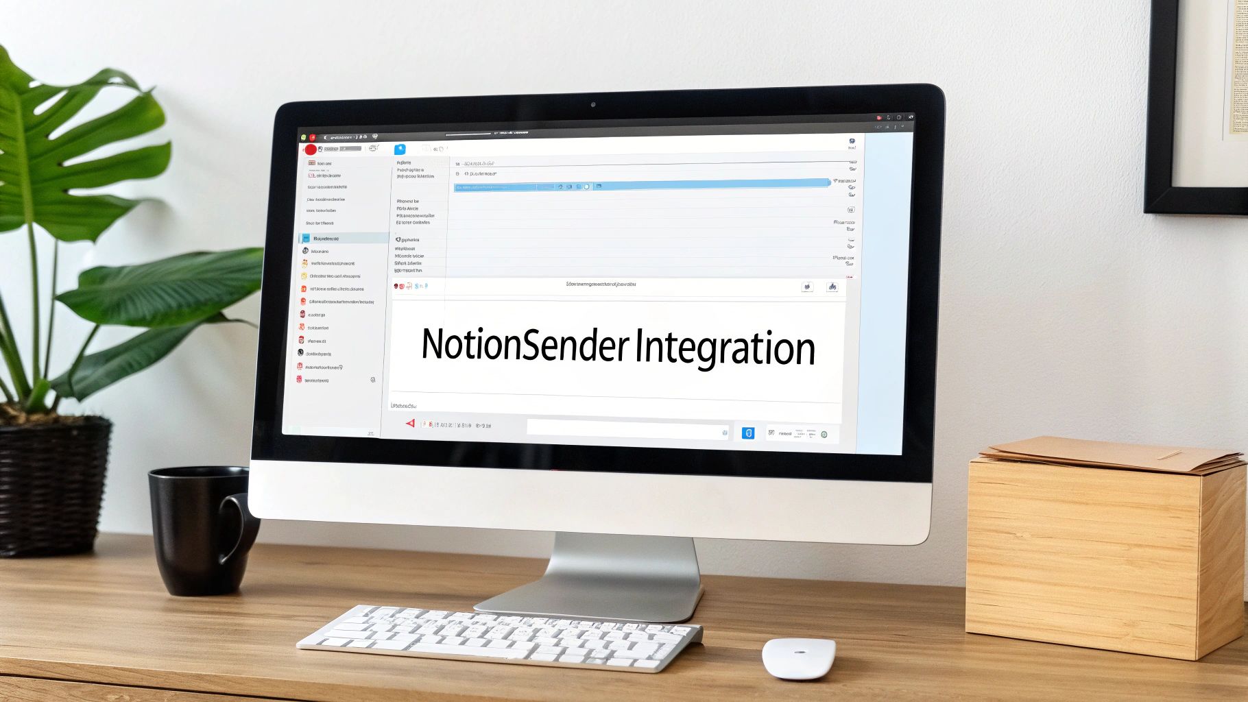 Desktop computer on a wooden desk displaying 'NotionSender Integration' with a plant and coffee mug.