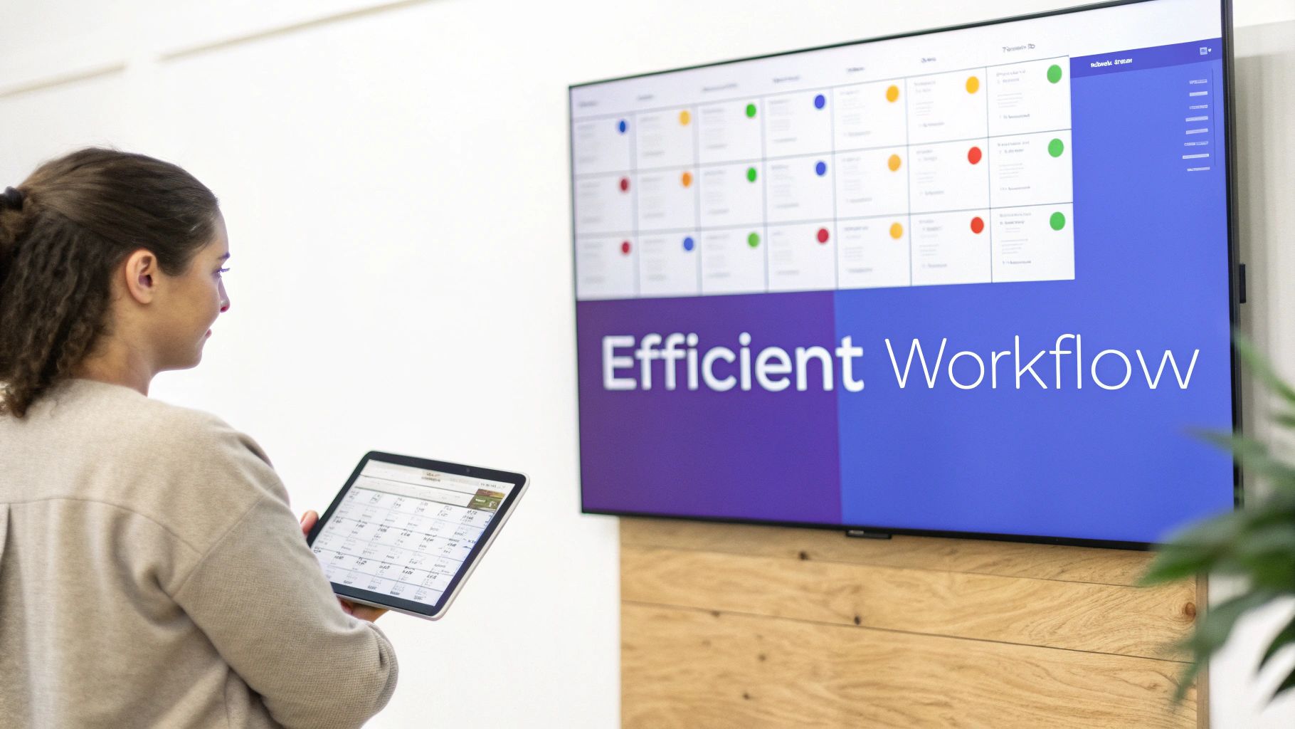 A woman views 'Efficient Workflow' on a large screen and a tablet, showcasing modern project management.