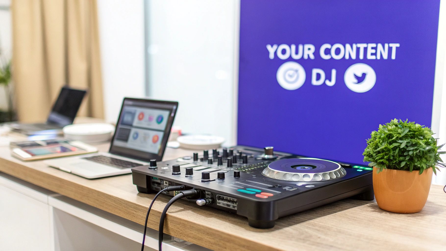 A DJ controller, laptops, and a potted plant on a wooden desk with a 'Your Content DJ' sign.
