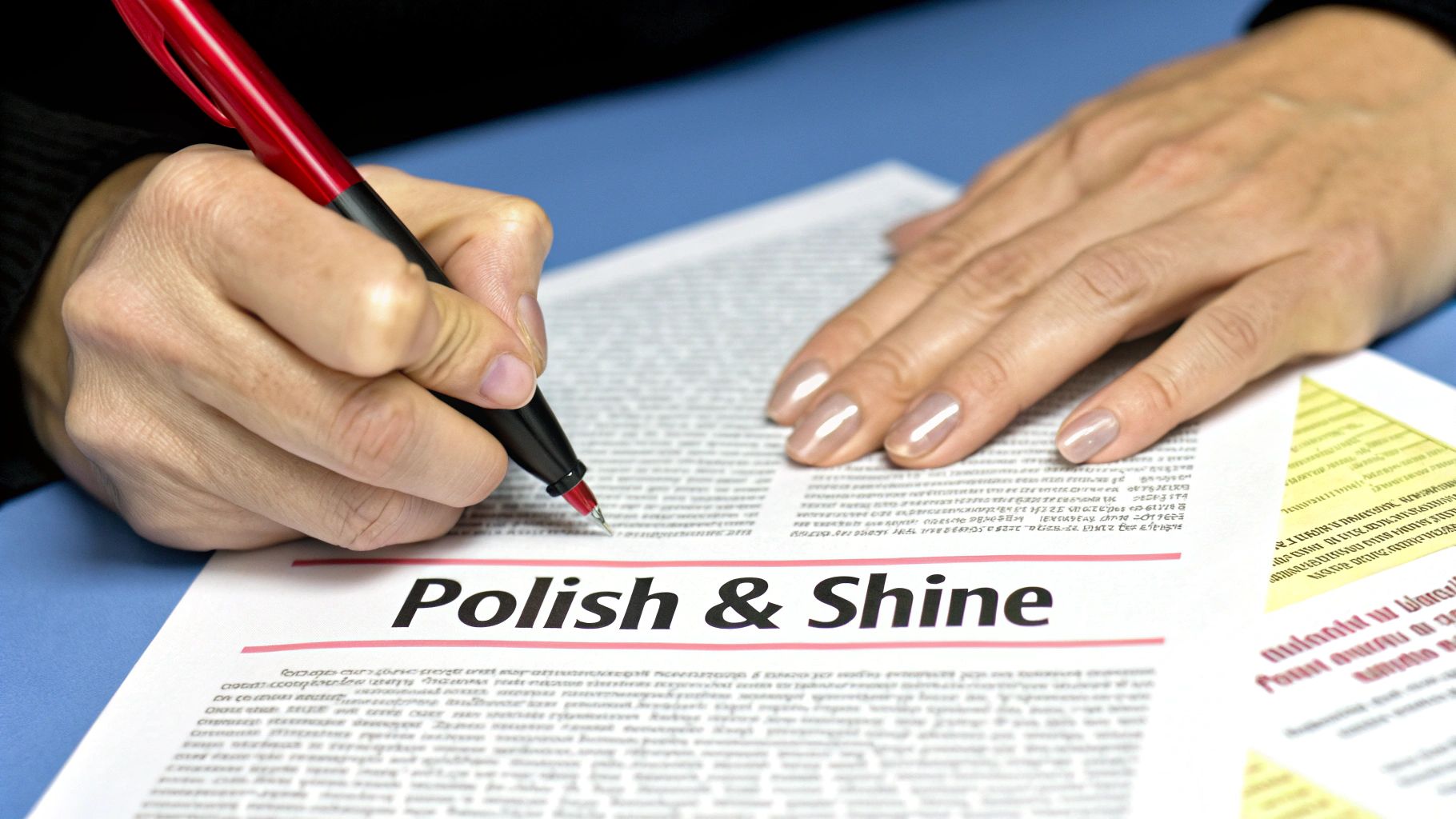 A person refining a document at their desk, with a focused expression, suggesting the editing process.