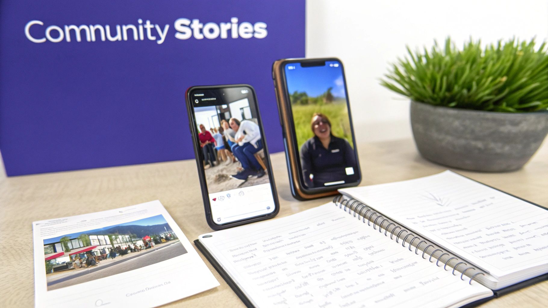 Two smartphones displaying social media posts, a notebook, and a printed photo on a desk with a 'Community Stories' sign.