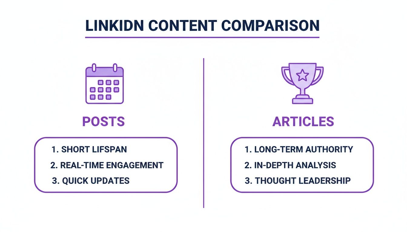 Visual comparison of LinkedIn posts and articles, outlining their characteristics like lifespan, engagement, and authority.