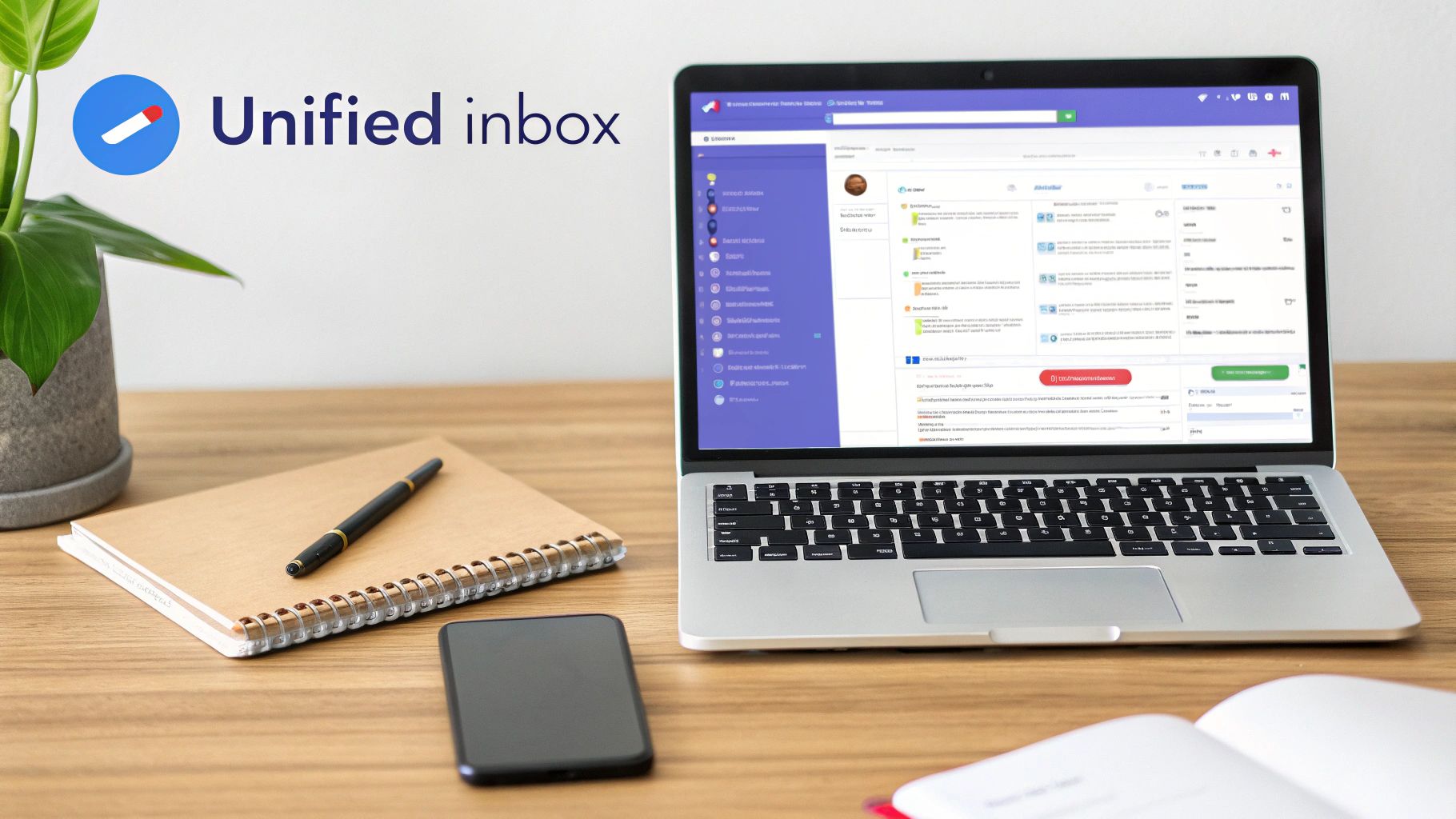A laptop displaying a 'Unified inbox' interface, a notebook with a pen, smartphone, and a plant on a wooden desk.