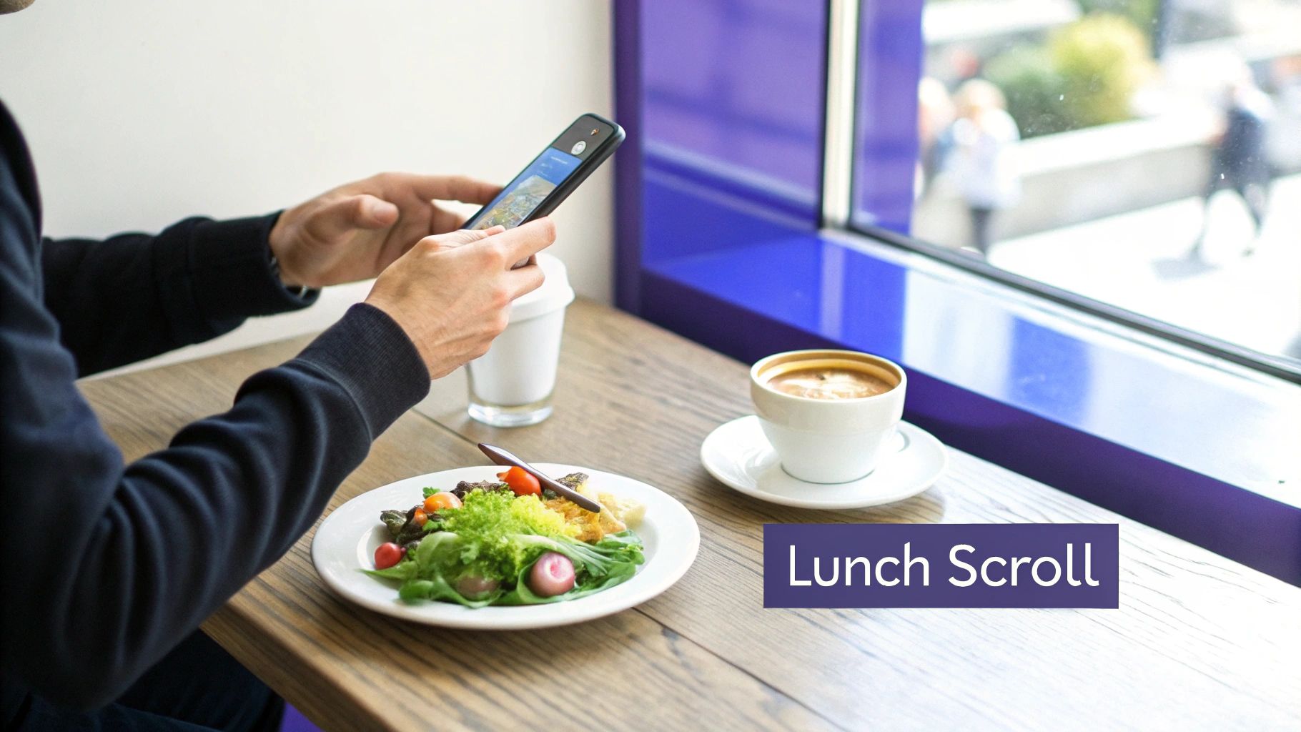 A person scrolls on a smartphone during a lunch break, with a salad, coffee, and drink on a wooden table.