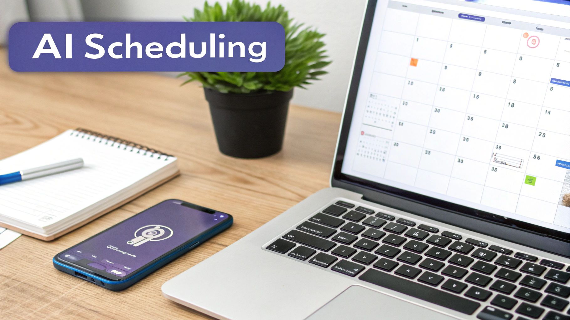 A laptop displays an AI scheduling calendar, with a smartphone and notebook on a wooden desk.
