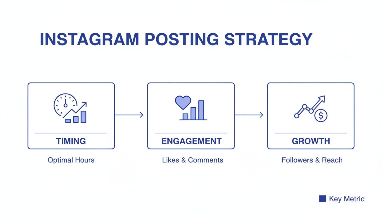 Infographic showing Instagram posting strategy outlining timing, engagement, and growth metrics.