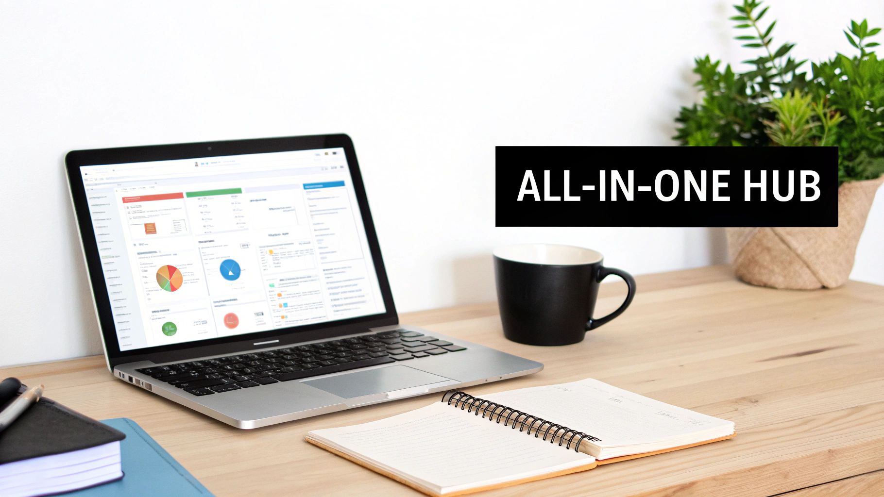 A laptop on a wooden desk shows a dashboard, with a mug, notebook, and 'ALL-IN-ONE HUB' text.