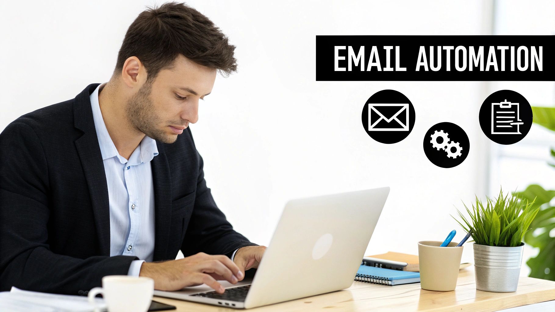 Professional man using laptop for email automation at a clean office desk.
