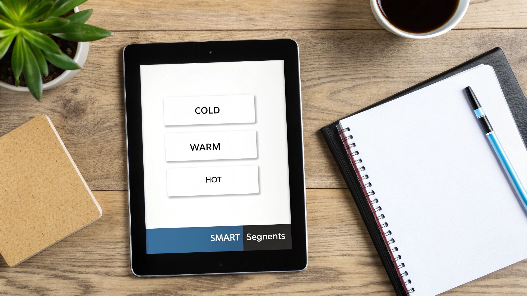 Overhead view of a tablet displaying lead segmentation (Cold, Warm, Hot) with a notebook and coffee.