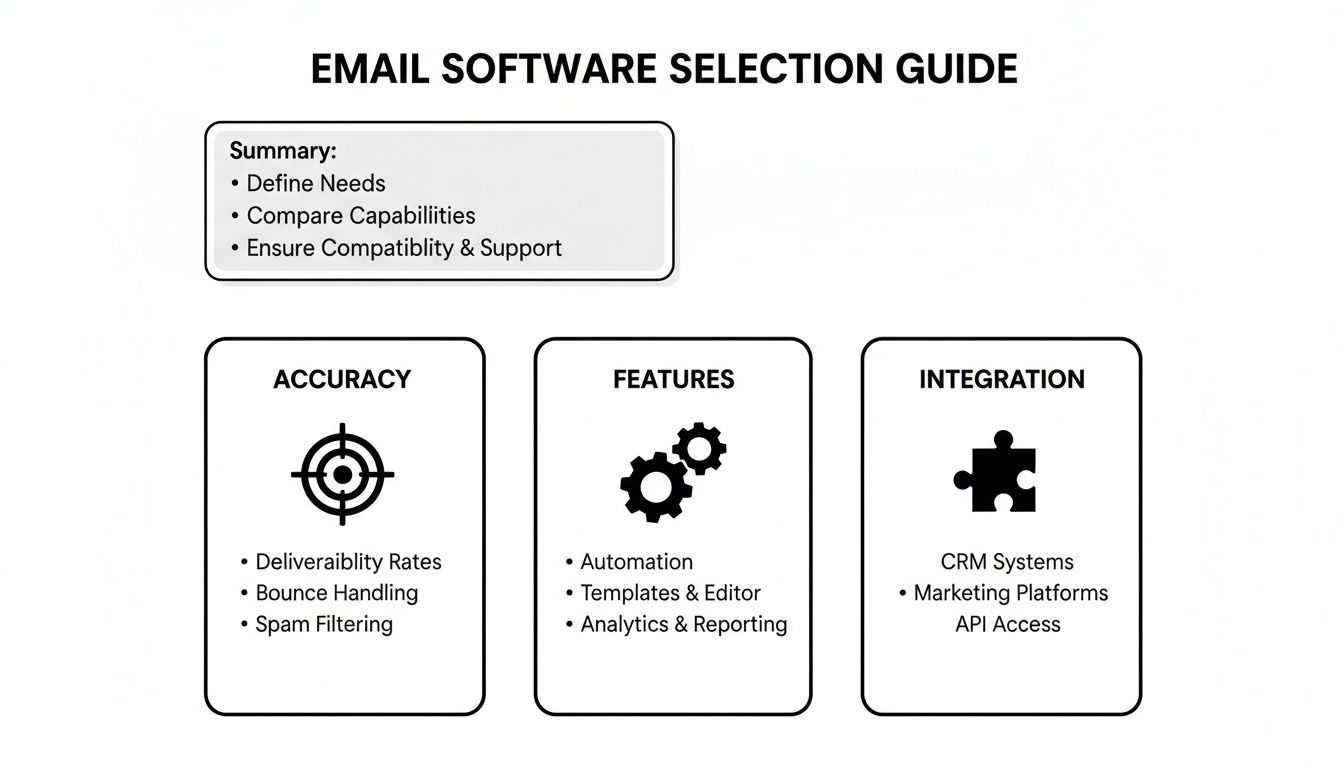 An email software selection guide outlining summary, accuracy, features, and integration considerations for choosing software.