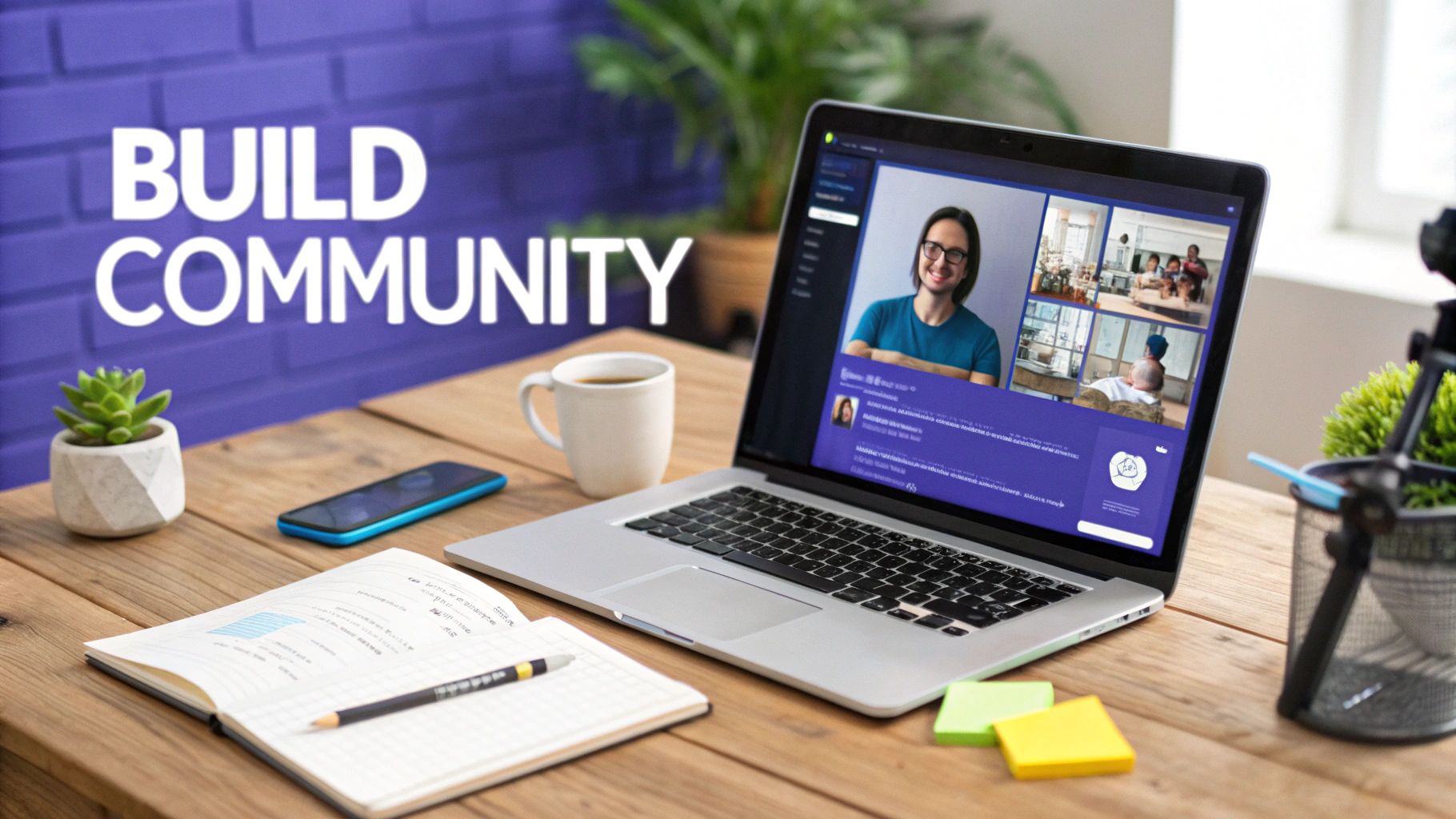 Laptop on a wooden desk displaying a video call, notebook, phone, and coffee mug. 'BUILD COMMUNITY' text in background.