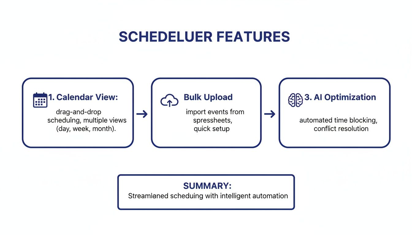 Flowchart displaying scheduler features: calendar view, bulk upload, and AI optimization for streamlined, automated scheduling.