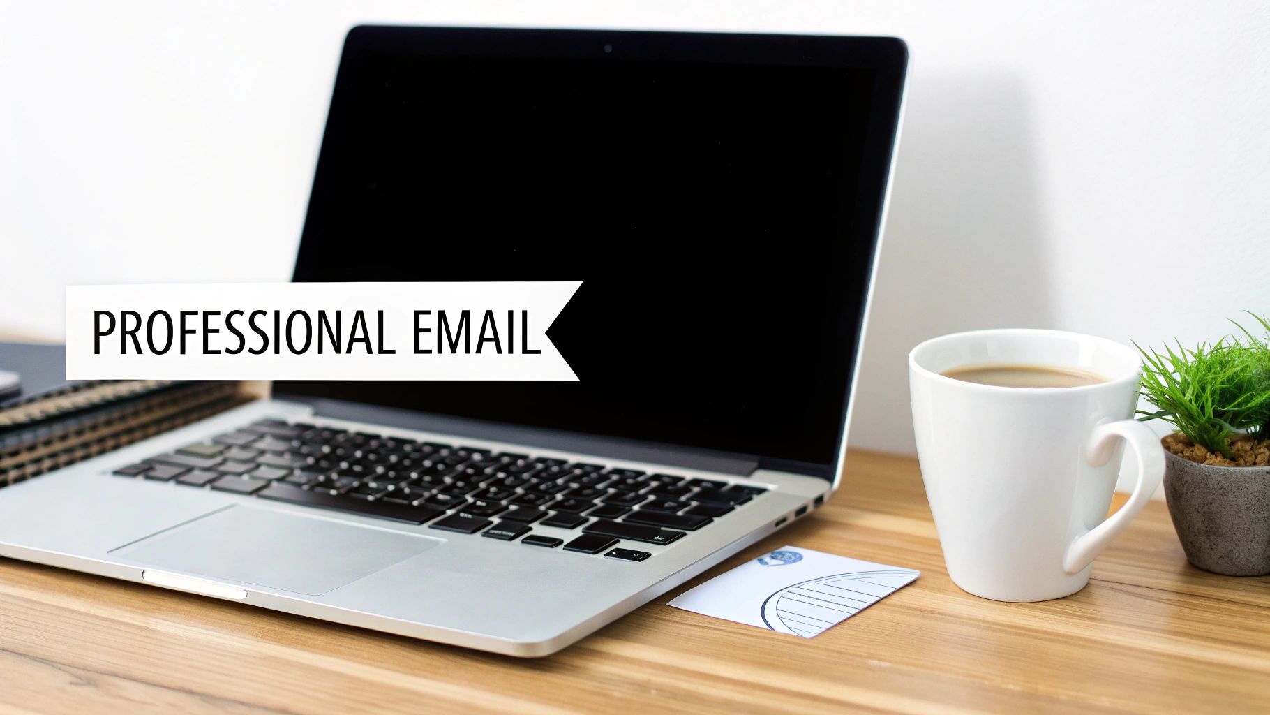 Laptop computer on wooden desk with coffee cup displaying professional email text overlay