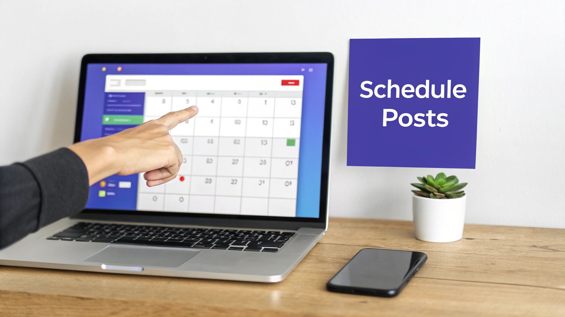 A hand points to a digital calendar on a laptop screen, next to a 'Schedule Posts' sign, a plant, and a phone.