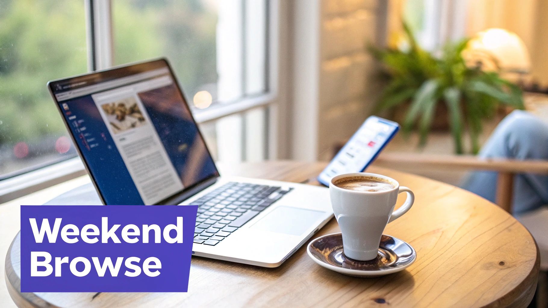 A laptop, coffee, and smartphone on a wooden table next to a window, with 'Weekend Browse' text.