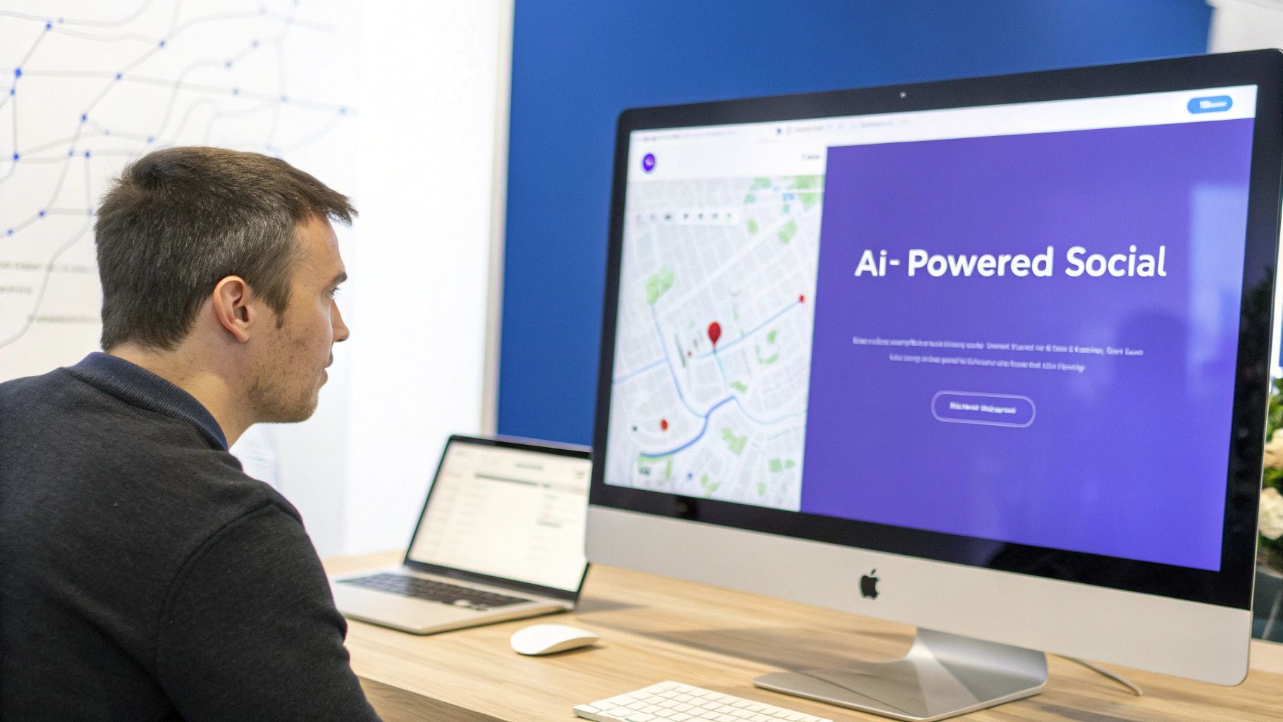 Professional viewing AI-powered social media marketing platform on desktop computer screen in modern office