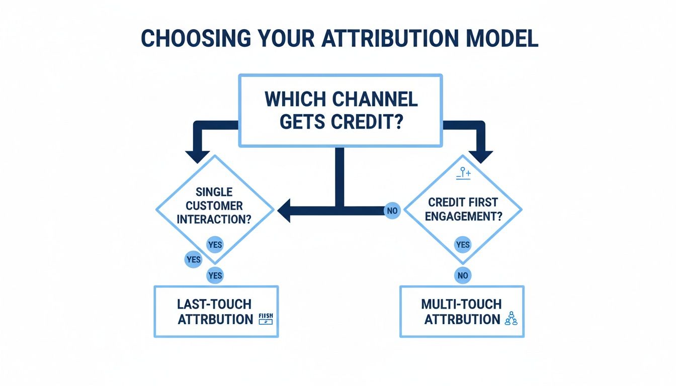 Flowchart diagram for choosing an attribution model based on customer interactions and credit.