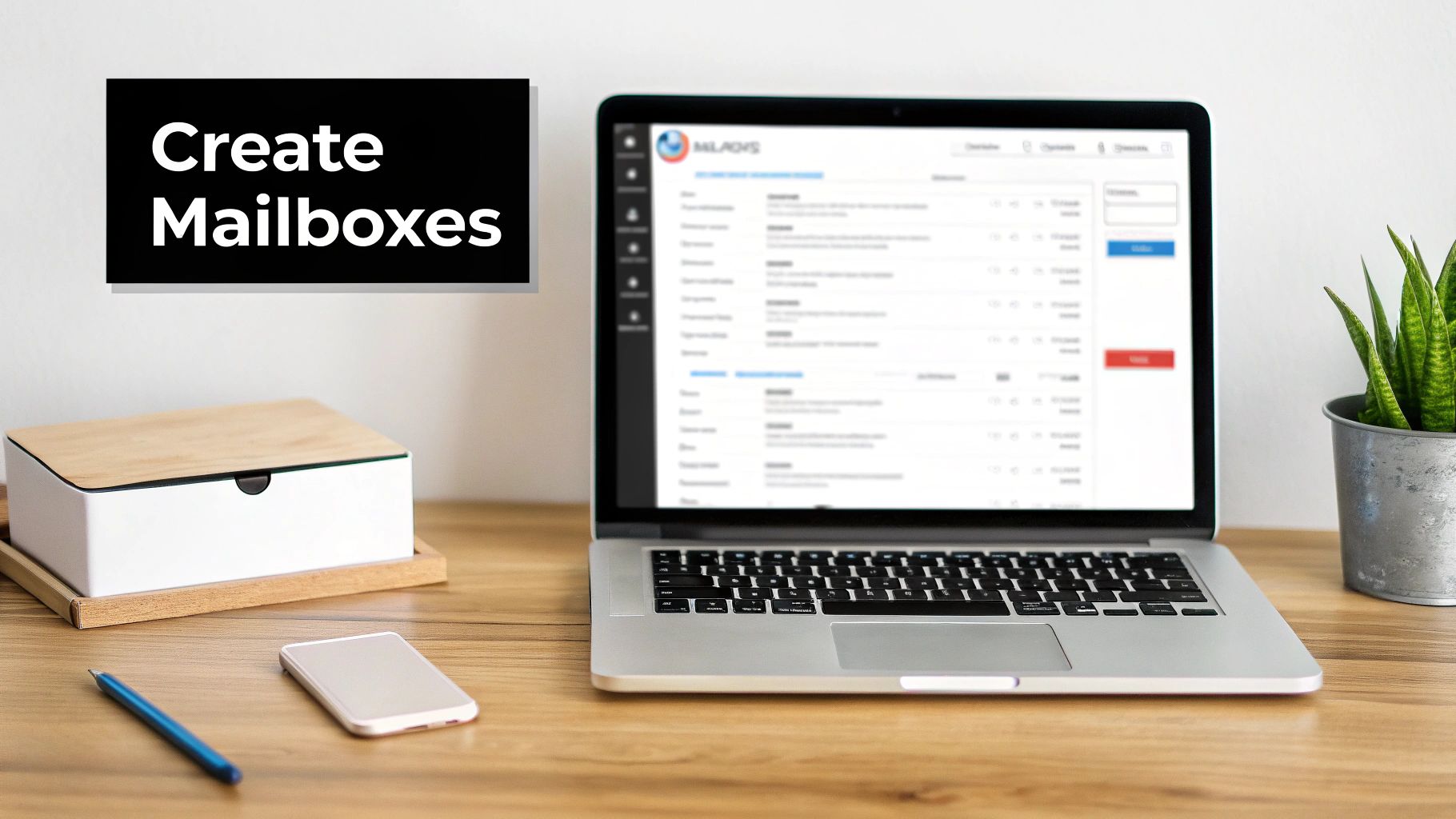 Laptop displaying email mailbox management interface on wooden desk with minimalist workspace setup