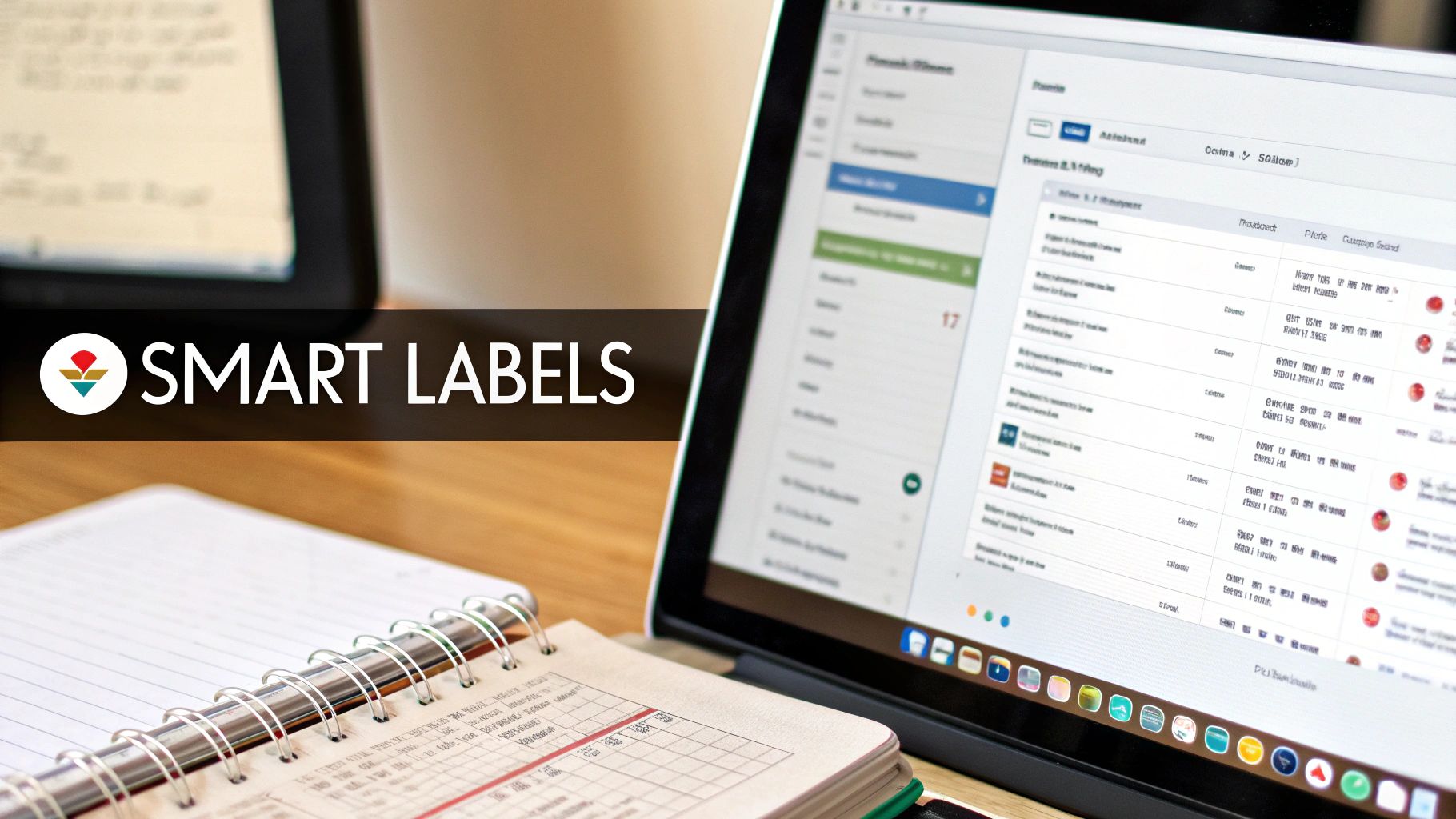A laptop displaying an organized email inbox and a notebook on a wooden desk, with 'SMART LABELS' branding.