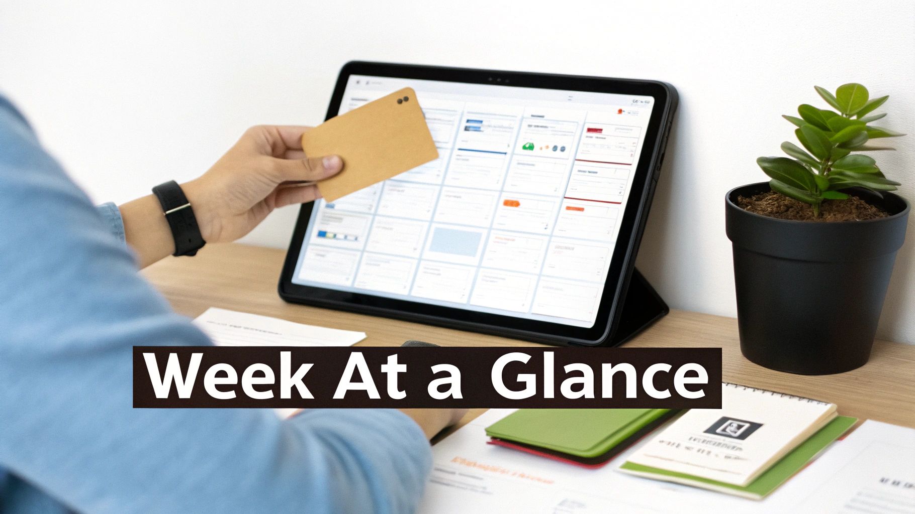 Person's hand interacts with a digital planner on a tablet, set on a desk with a plant and notebooks.
