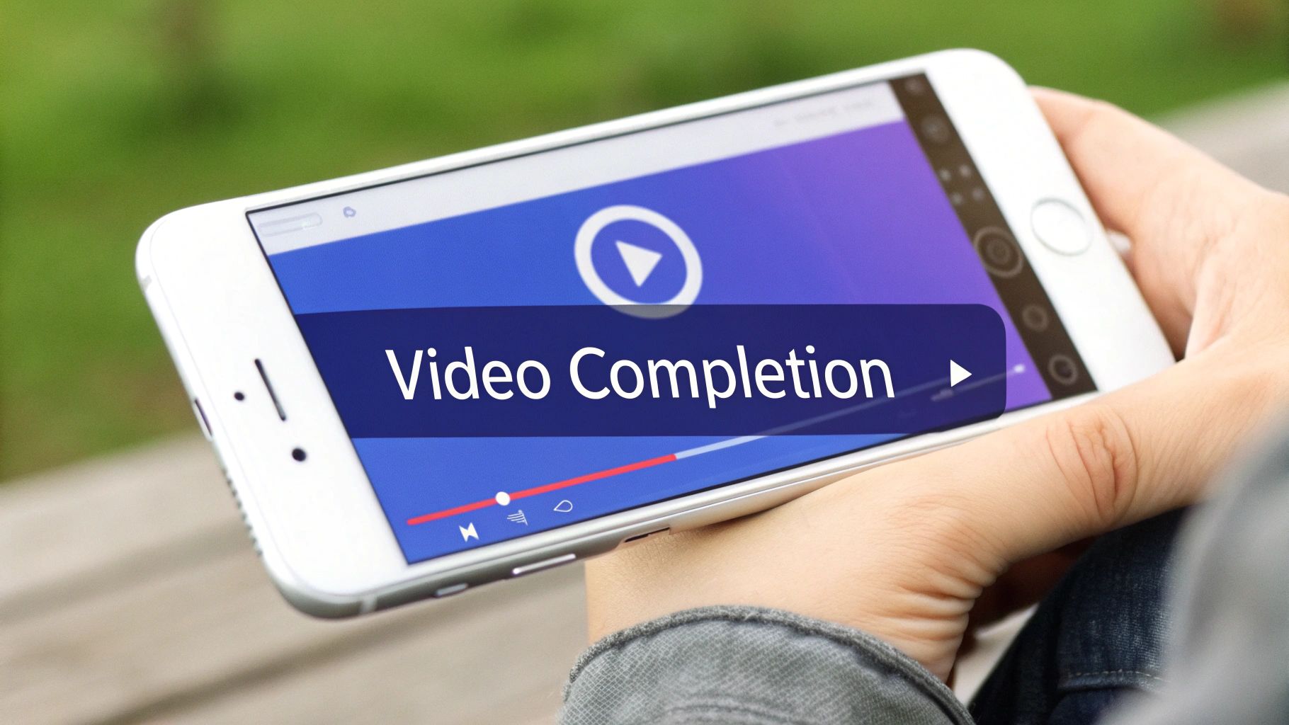 Person holding a white smartphone displaying a video player with 'Video Completion' text on the screen.
