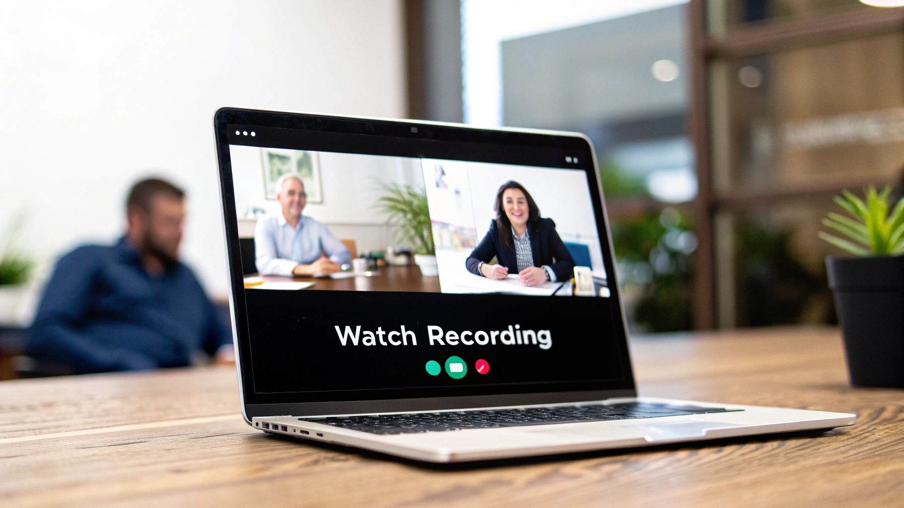Laptop displays a recorded video conference with two smiling people, with 'Watch Recording' text.