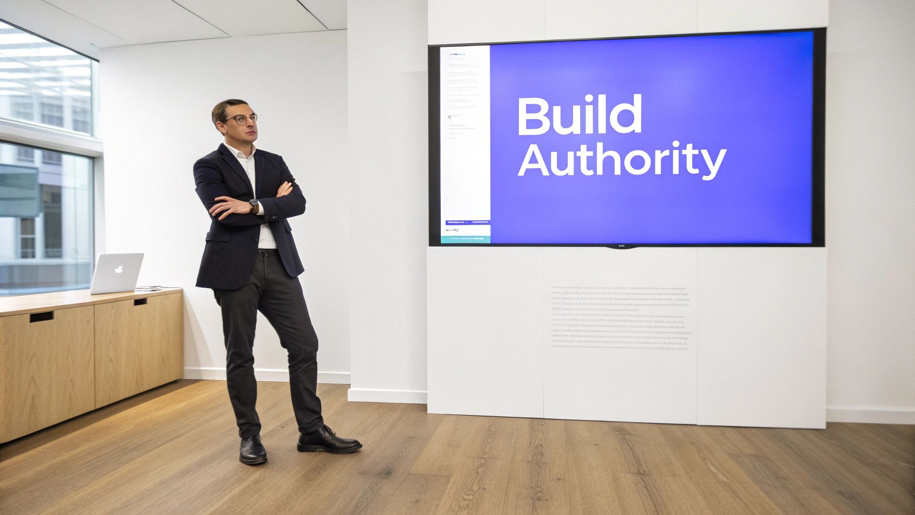 A man in a suit stands in a modern office next to a large screen displaying "Build Authority".