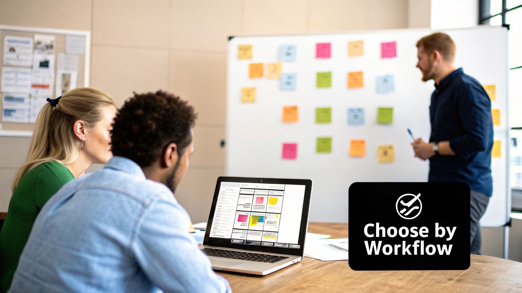 Team collaborating on project management workflow with colorful sticky notes and digital planning tools