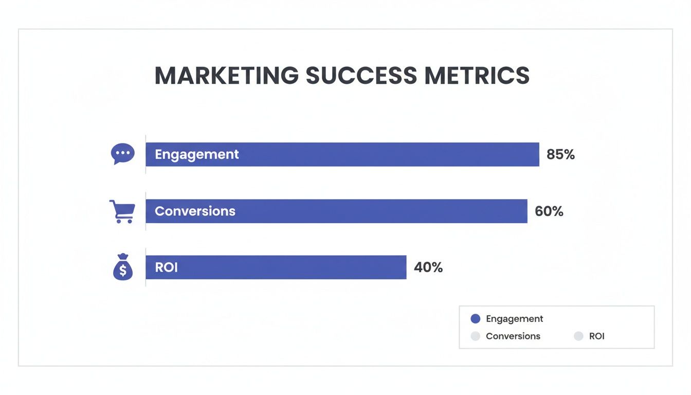 A bar chart illustrating marketing success metrics: Engagement at 85%, Conversions 60%, and ROI 40%.