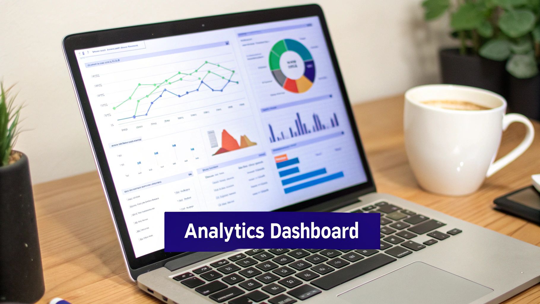 Analytics dashboard displaying colorful charts, graphs, and engagement metrics on laptop screen with coffee