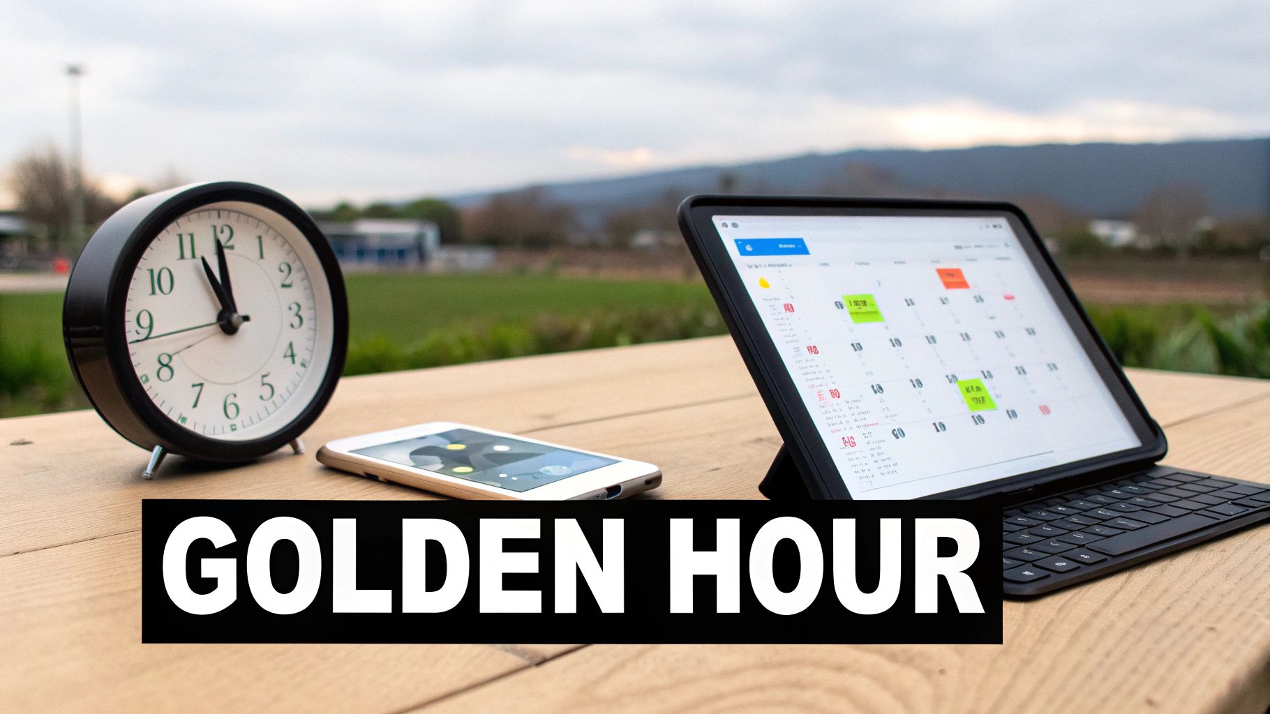 Productivity tools on a wooden table: an alarm clock, smartphone, and tablet displaying a calendar.