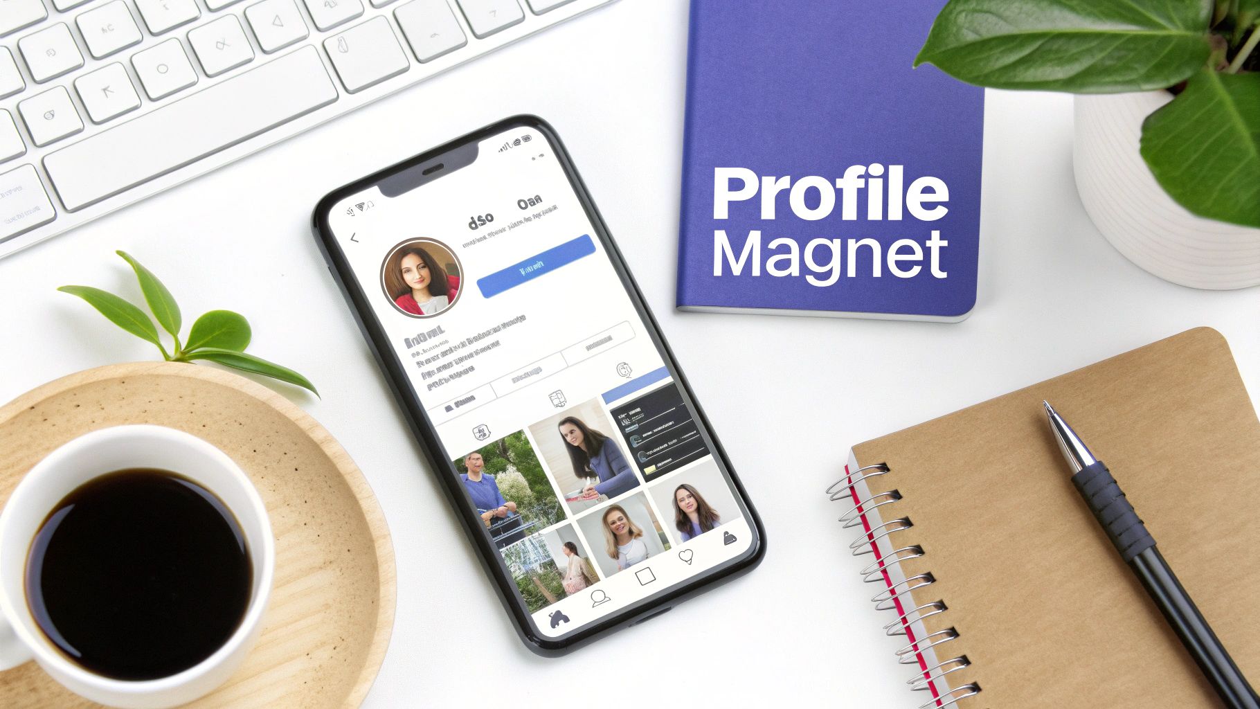 A flat lay of a modern workspace with a smartphone showing an Instagram profile, a 'Profile Magnet' notebook, coffee, and a keyboard.