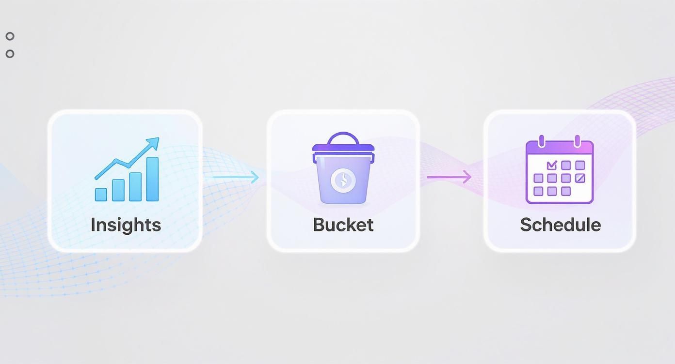 A three-step process diagram showing Insights, Bucket, and Schedule, connected by arrows.