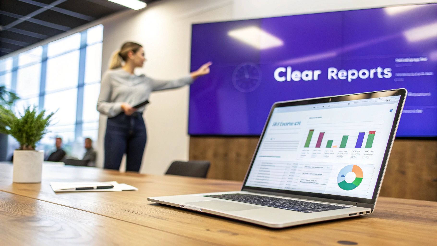 A professional woman conducts a business presentation on data analytics with a laptop in the foreground.