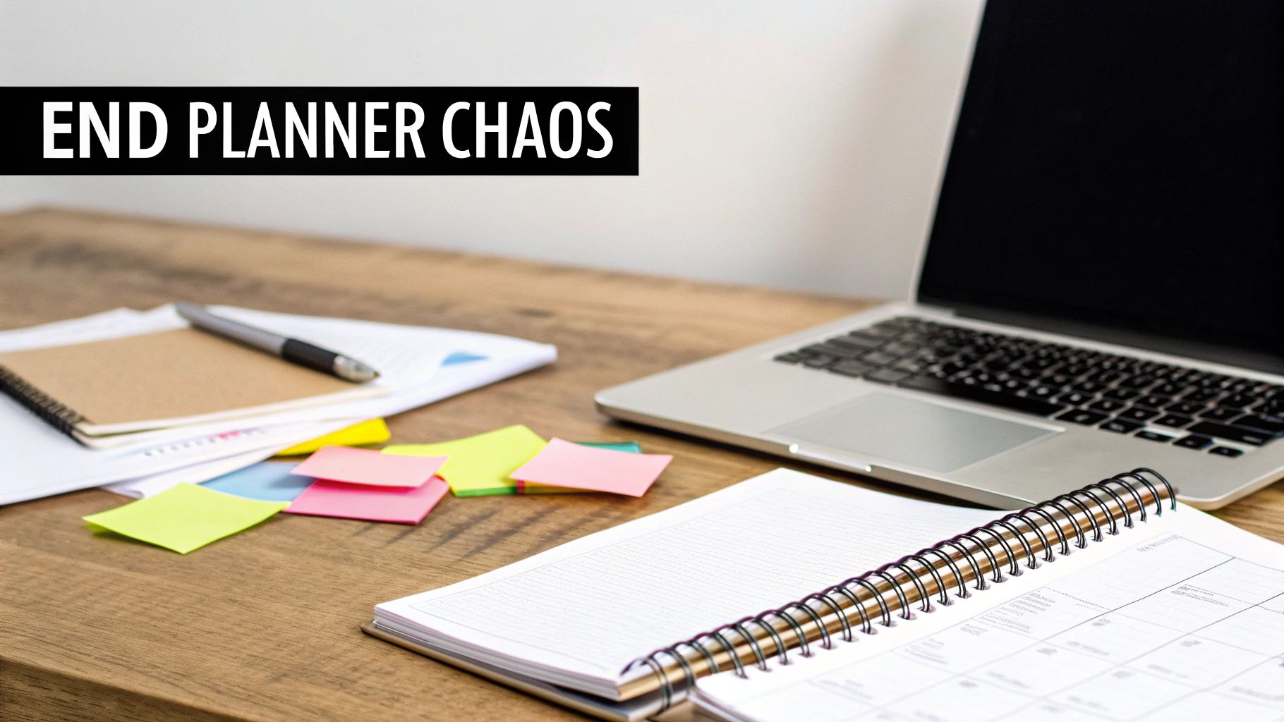A cluttered desk with a planner, laptop, sticky notes, and pen. Text says 'END PLANNER CHAOS'.