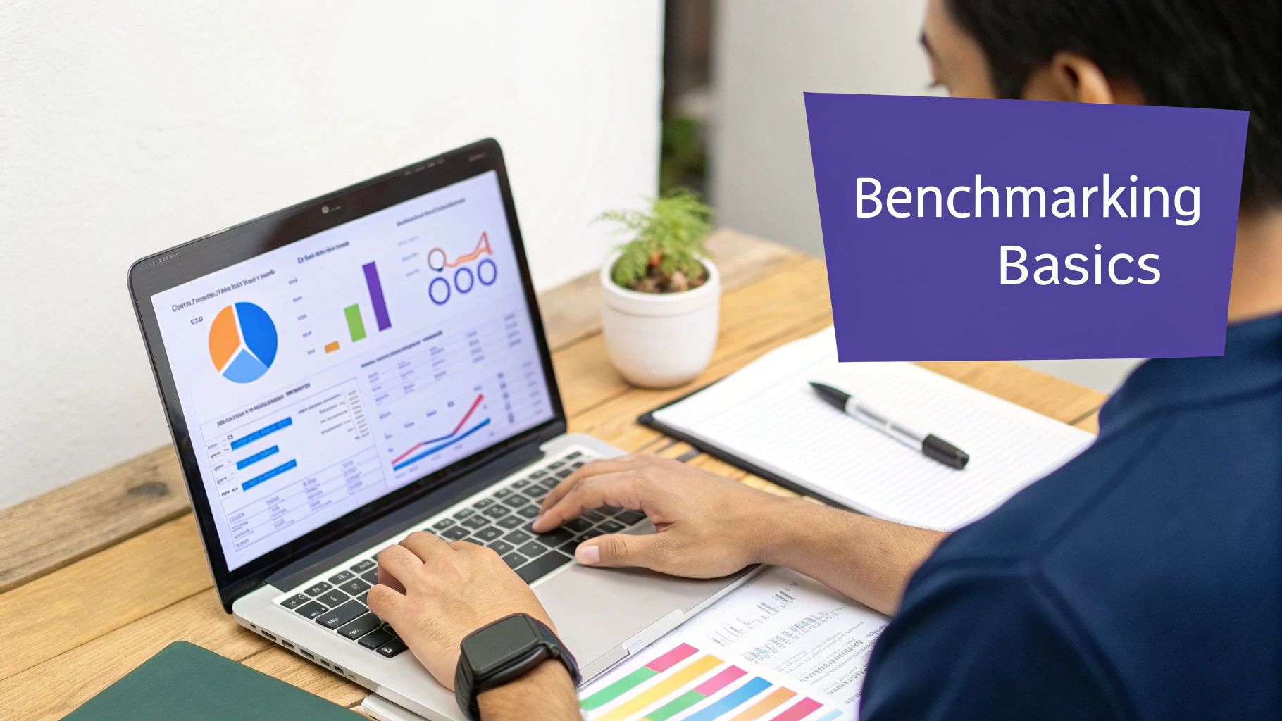 Person analyzing data charts on a laptop, with a 'Benchmarking Basics' title on the side.
