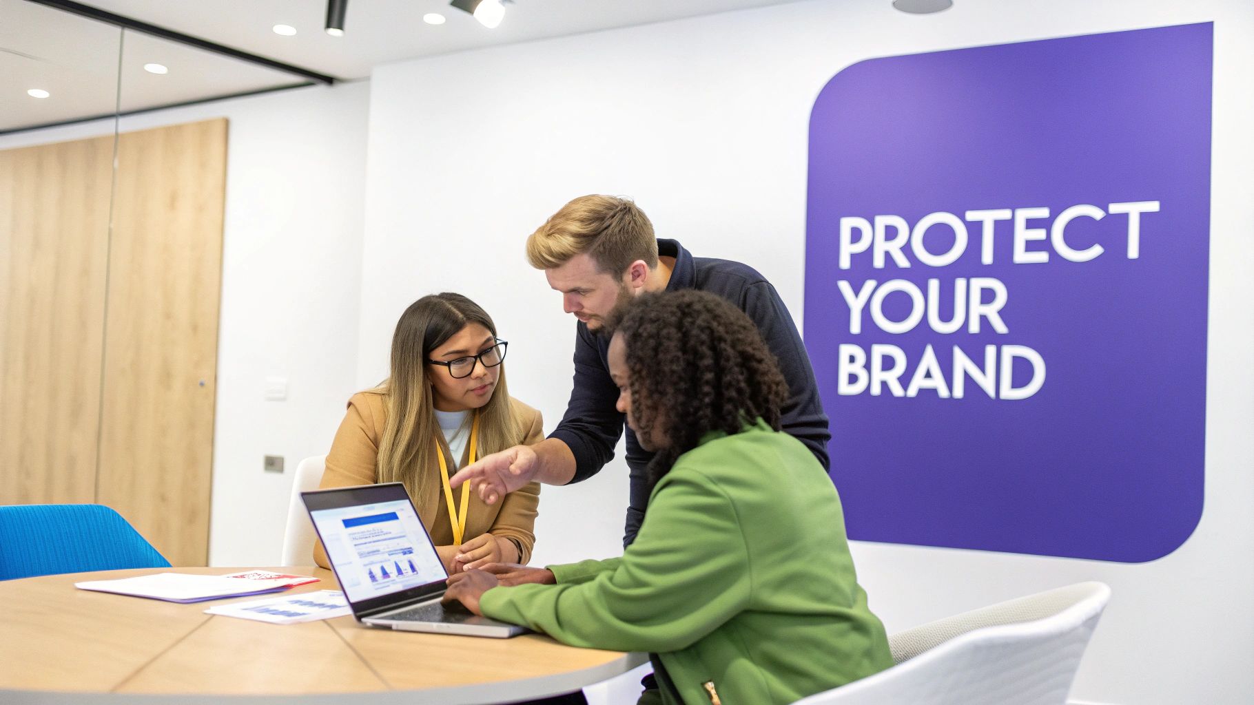 Three diverse colleagues collaborate around a laptop in a modern office with a 'Protect Your Brand' sign.