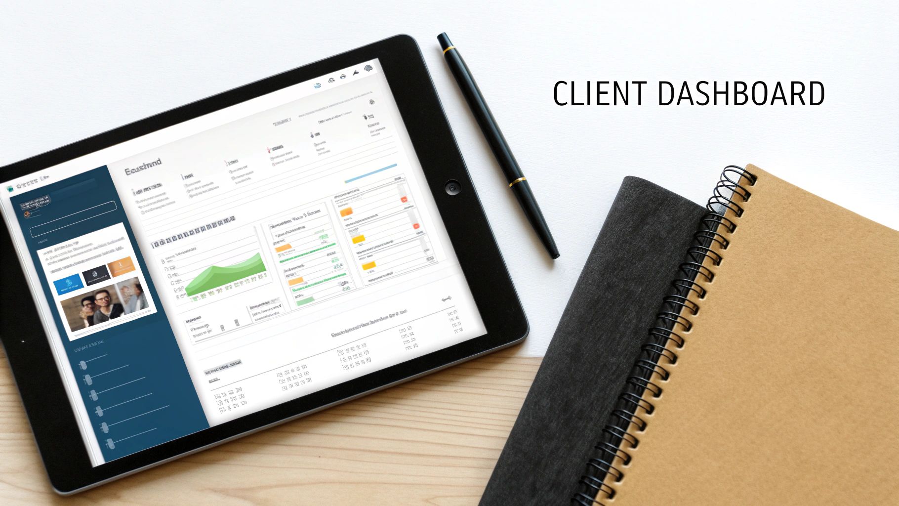 Tablet displaying a client dashboard interface, next to a pen and two spiral notebooks on a white desk.