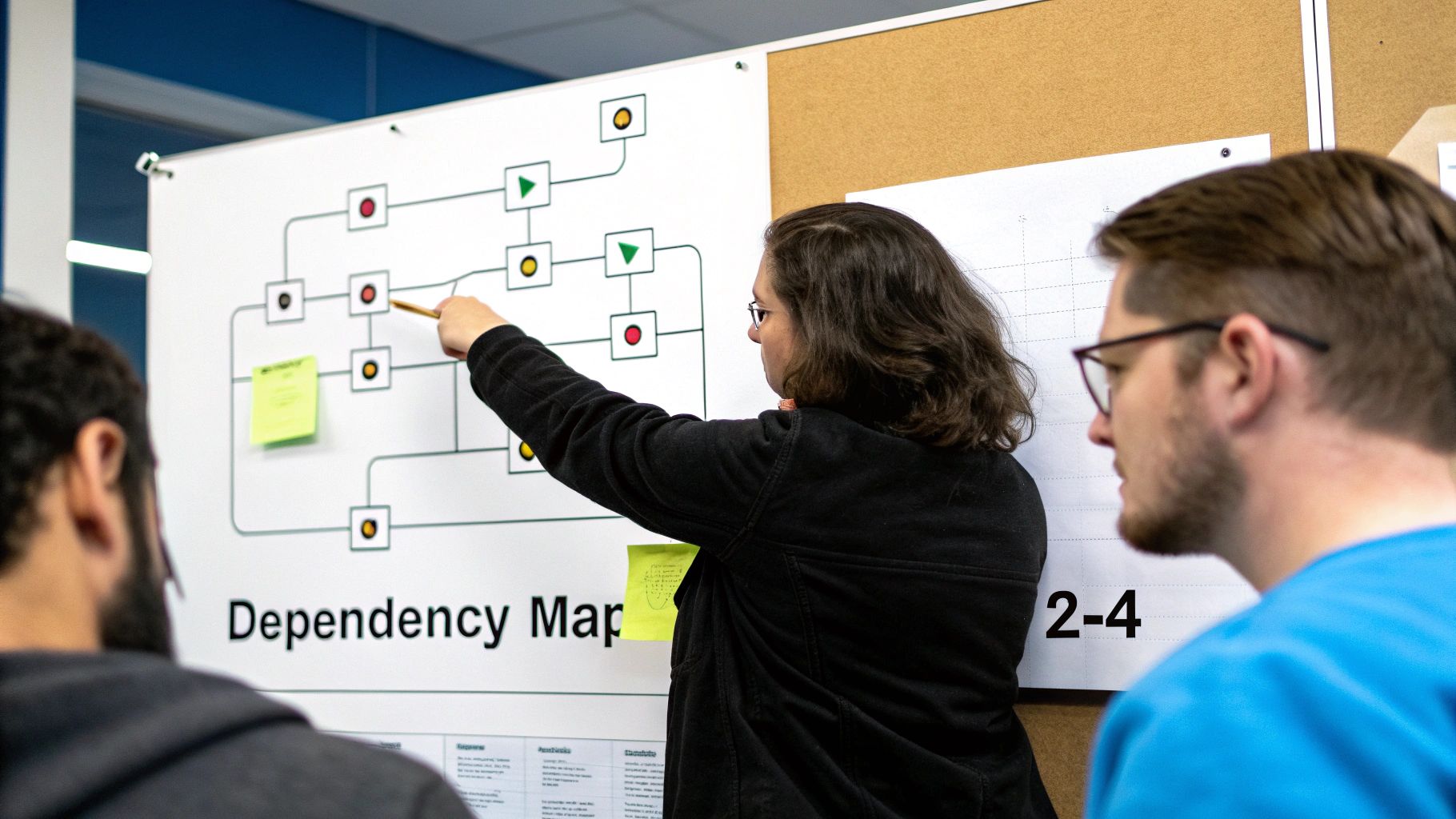 A woman explains a 'Dependency Map' diagram on a whiteboard with a pencil to colleagues during a planning meeting.