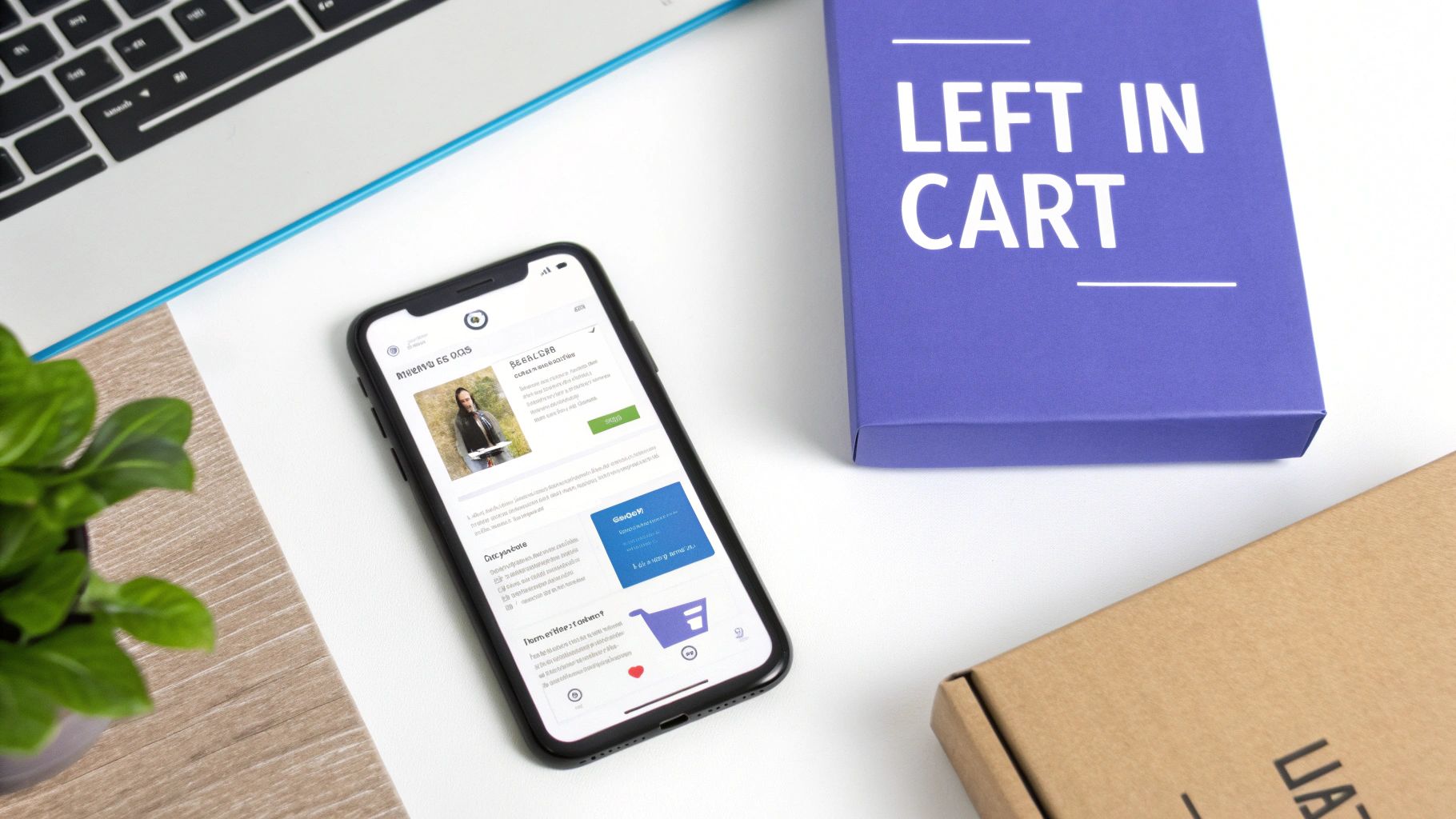 A smartphone displays an e-commerce page next to a laptop and a box labeled 'LEFT IN CART', illustrating abandoned cart strategies.