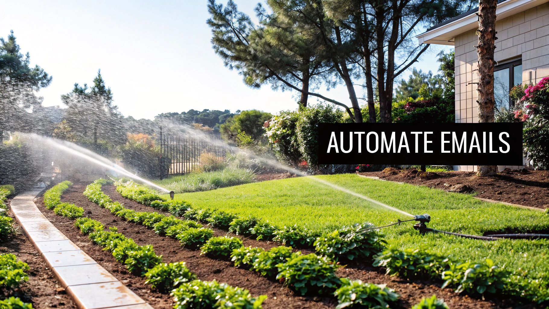 A person at a desk interacting with digital icons representing email automation workflows, schedules, and analytics.