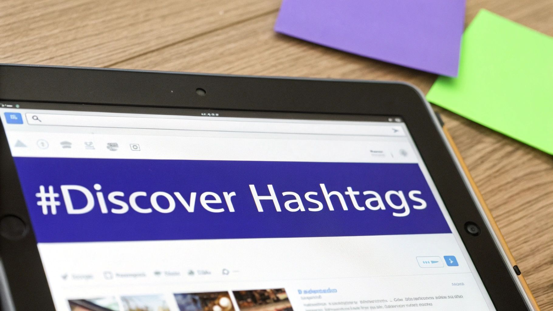Tablet screen displaying '#Discover Hashtags' on a blue background, with colorful sticky notes.