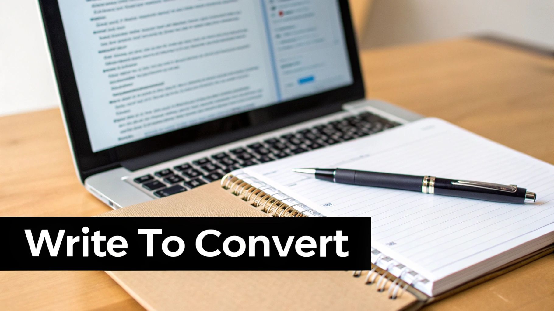 A laptop, open notebook, and pen on a wooden desk, emphasizing writing and digital content creation.