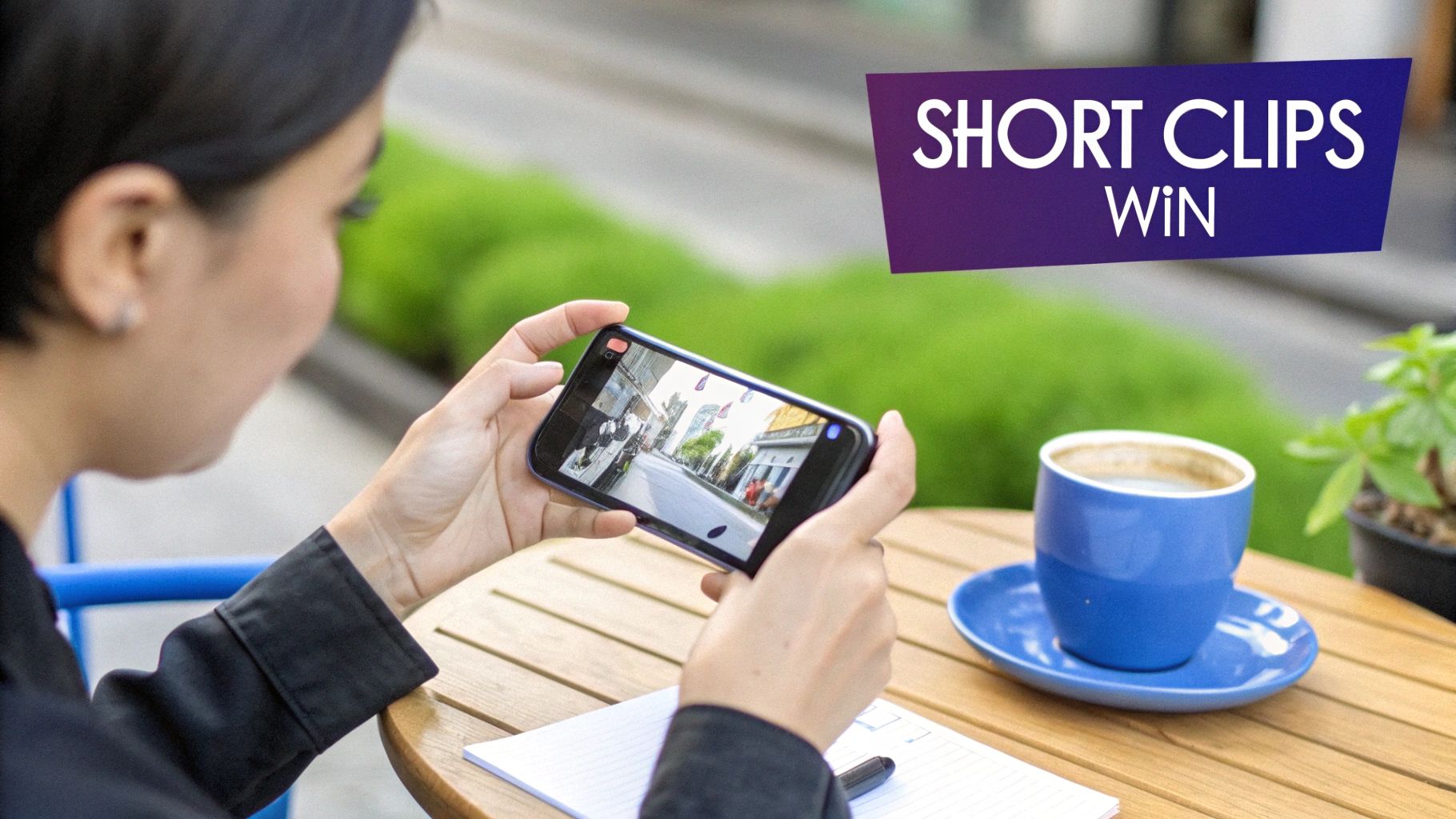 A person watches short video clips on a smartphone at an outdoor cafe with coffee.