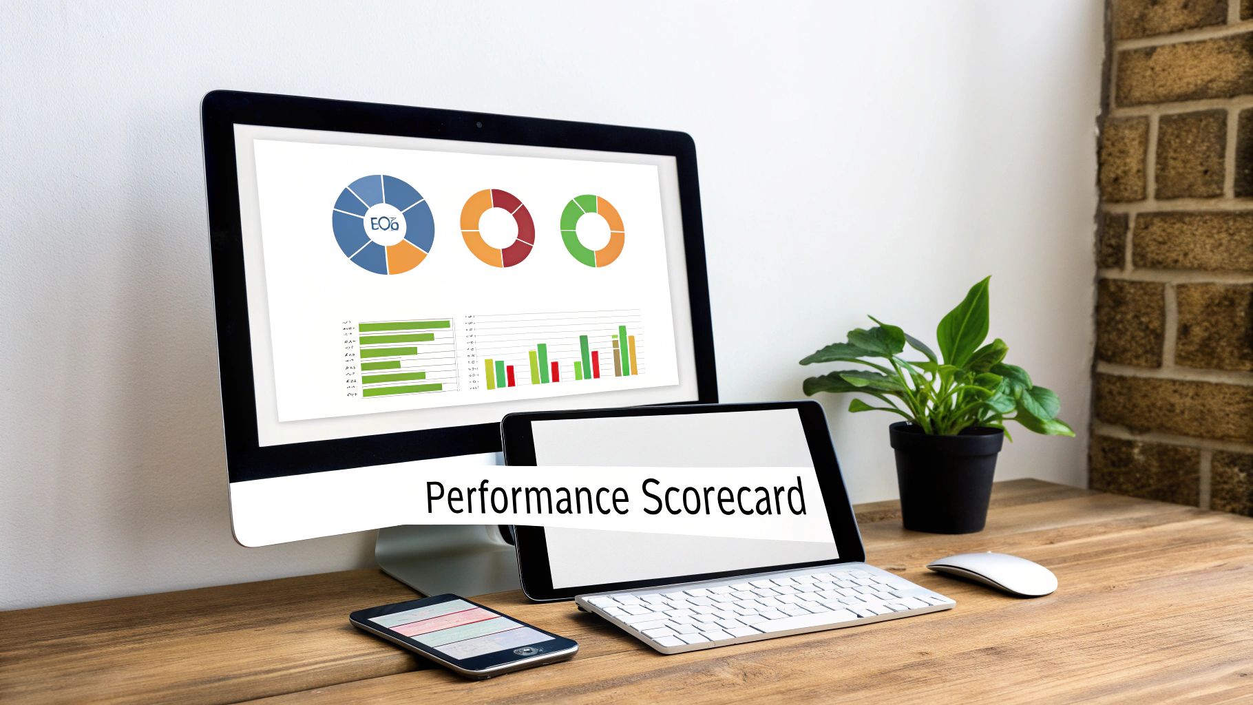 A desktop computer displaying performance charts, a tablet showing 'Performance Scorecard', and other office tech on a wooden desk.